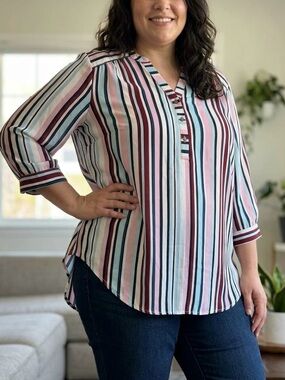 Torrid Harper Striped Georgette Pullover Blouse Size 1 Pink Blue Multi Feminine